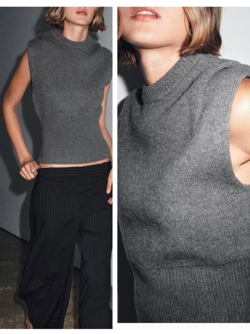ZARA wool blend knit vest with pleated shoulders